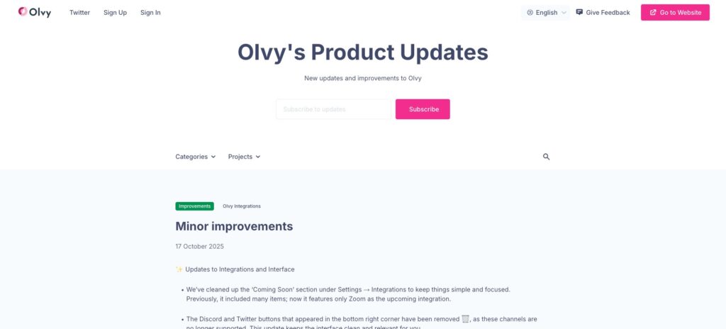 Olvy changelog