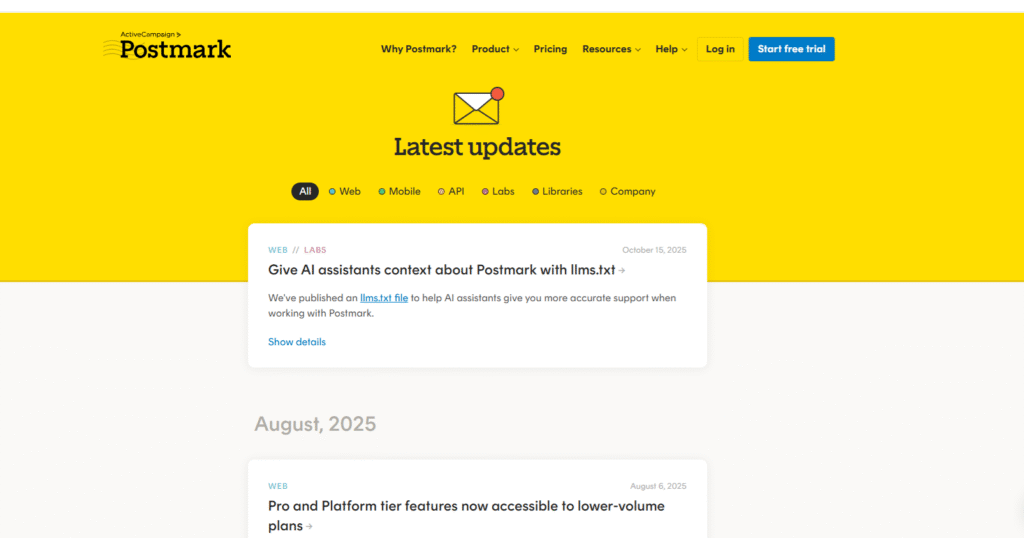 Postmark changelog example
