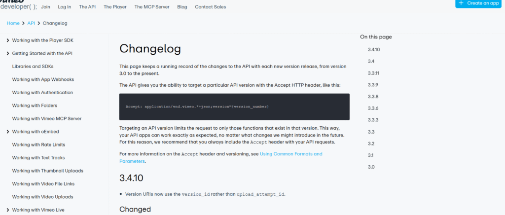 Vimeo Changelog example