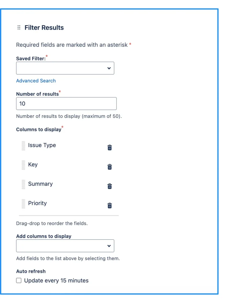 Filter results configuration