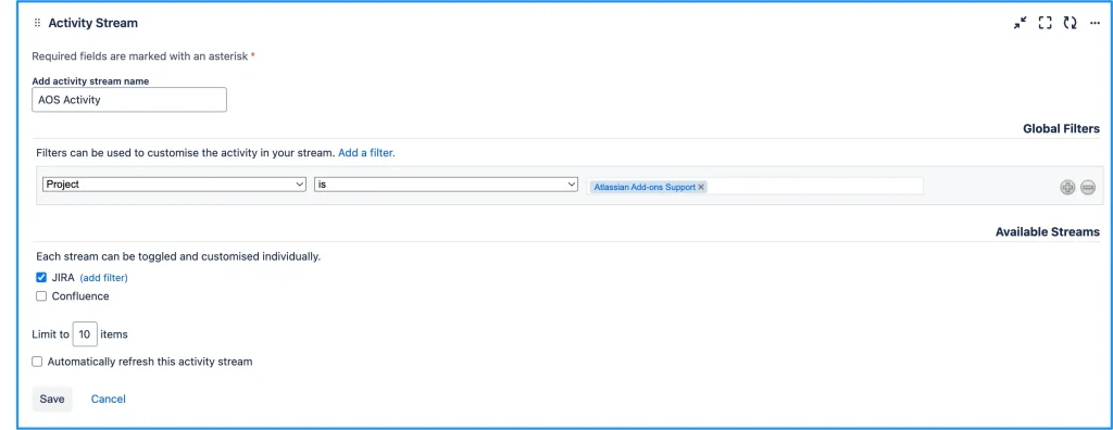 Activity Stream Configuration
