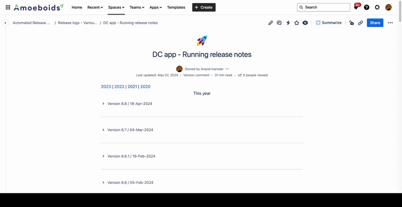 Single page release notes design for Confluence