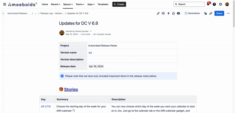 Tabular release notes design for Confluence