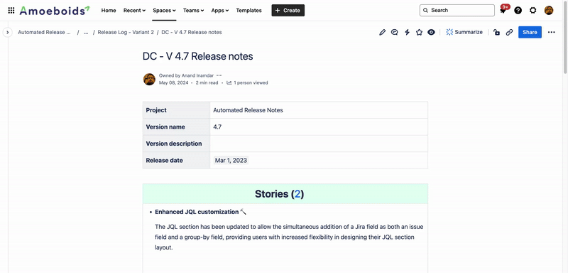 Grouped by issue type release notes design for Confluence